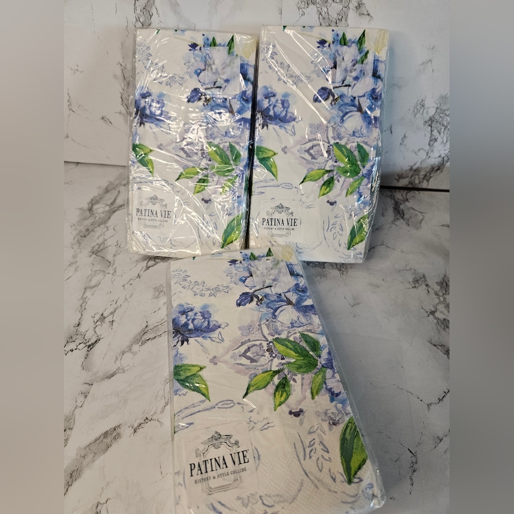 3 Floral Blue and Green Paper Napkins. (36 Napkins Per Pk)